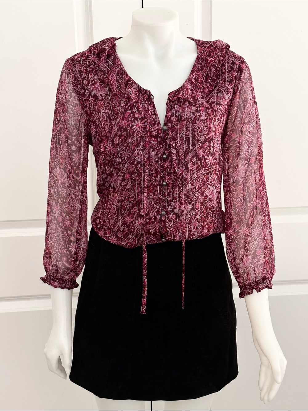 Lucky Brand Paisley Floral Print Wine / Burgundy Boho Chiffon Sheer Fall Blouse